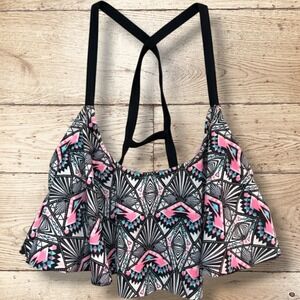 RUE BLEU Tribal Geometric Ruffle Tankini Swim Top Bikini Boho Pink Black L